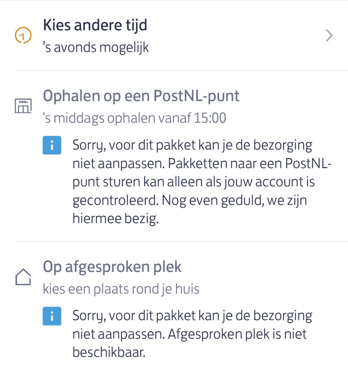 Knijpbaar's tweet photo. Hey @PostNL, hoe kan het dat ik ineens niet meer bezorgopties kan wijzigen? https://t.co/FWAV6pio5D