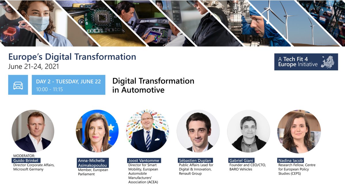 Microsoft European Affairs (@microsofteu) on Twitter photo It's Day 2 of #DigitalTransformationWeek 🎉
Join moderator <a href="/guidobrinkel/">Guido Brinkel</a> @ 10h CET, to look at digital transformation in the automotive sector with ⬇️
MEP <a href="/AnnaAsimakopoul/">Anna Michelle Asimakopoulou</a>
<a href="/JoostVantomme/">Joost Vantomme</a>
<a href="/sebastienduplan/">Sébastien Duplan</a>
<a href="/gabriel_giani/">Gabriel Giani</a>
<a href="/nadinaiacob/">Nadina Iacob</a>
Watch 📺 msft.it/6016nKKfq It's Day 2 of #DigitalTransformationWeek 🎉
Join moderator <a href="/guidobrinkel/">Guido Brinkel</a> @ 10h CET, to look at digital transformation in the automotive sector with ⬇️
MEP <a href="/AnnaAsimakopoul/">Anna Michelle Asimakopoulou</a>
<a href="/JoostVantomme/">Joost Vantomme</a>
<a href="/sebastienduplan/">Sébastien Duplan</a>
<a href="/gabriel_giani/">Gabriel Giani</a>
<a href="/nadinaiacob/">Nadina Iacob</a>
Watch 📺 msft.it/6016nKKfq