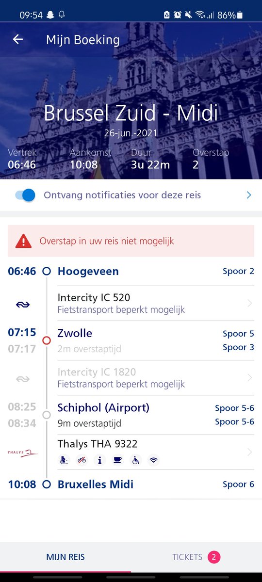Retourtje1's tweet photo. @NS_Int vanaf vandaag staat dit in mijn geplande reis. Echter wachten de Intercity's in Zwolle altijd op elkaar en dat maakt deze reis toch wel mogelijk? https://t.co/alko7sb2SA