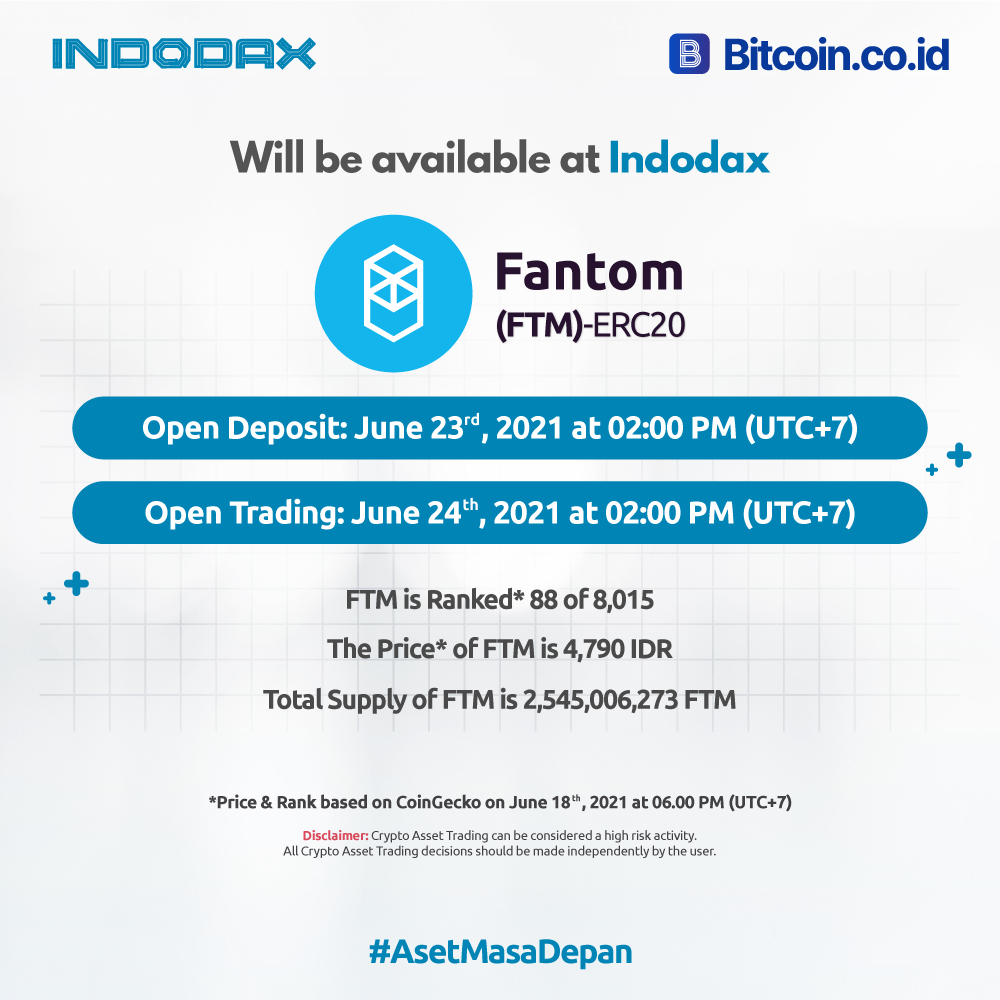 We are pleased to announce a new Crypto Asset that will be added to the  Indodax marketplace, Fantom (FTM) @FantomFDN. For more information  https://t.co/0o7TVWeaJp #indodax #asetmasadepan