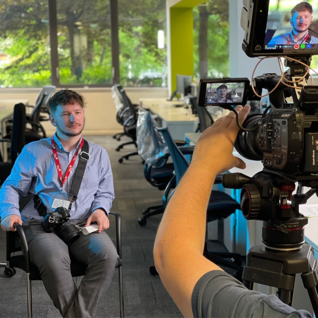 glpltd's tweet photo. Our photographer Brendan sitting in for an interviewee. For someone who's normally behind the camera he's a natural in front of it! 
.
.
.
#teamwork #videoproduction #video #videography #film #producer #production #director #filming #videoedits #marketing #yorkshire https://t.co/C1myMKIUam