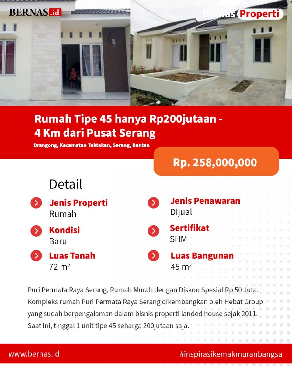 PropertiHebat's tweet photo. Bernas Properti | 

Rumah di Serang, Banten murah dan Strategis, harga 200 jutaan, Lokasi di Puri Permata Raya Serang, cocok untuk investasi jangka panjang!

Info selengkapnya: https://t.co/N0v45PE3YG https://t.co/u1AkK8bdam