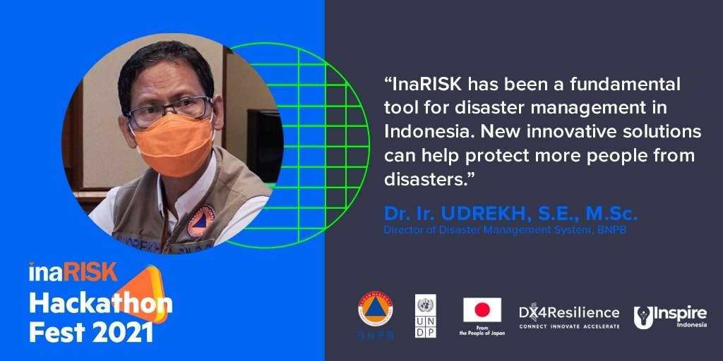 UNDPIndonesia's tweet photo. #Innovation is key to effective disaster response. Our #HackathonFest2021 in collaboration with @BNPB_Indonesia & @uinspire_id with @JapanGov support, aims to enhance the #digital response via the #InaRISK app #DX4Resilience
@Norimasa_UN @SophieKemkhadze https://t.co/FS83nbGDx9