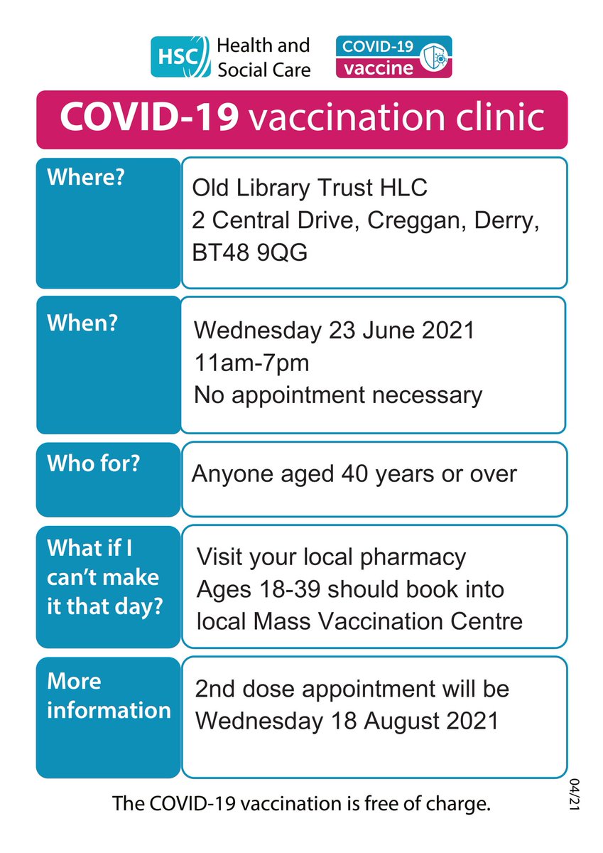 StJohnsPSDerry's tweet photo. .@OLTHLC will be holding a Vaccination drop-in clinic in OldLibraryTrust on Wed 23rd June 11am to 7pm.  AstraZeneca Vaccine to be offered to those over the age of 40, anyone under the age of 40 to be offered the Pfizer Vaccine at the FoyleArenaCentre, transport provided from OLT. https://t.co/84WIiQgUad