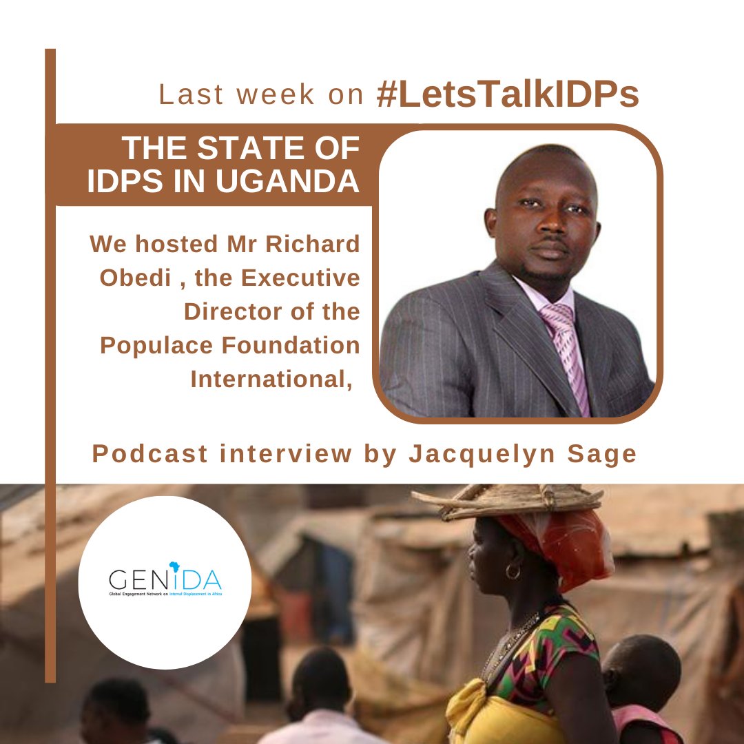 GenidaNetwork's tweet photo. On 18th June 2021, we hosted @richobedie Executive Director the Populace Foundation International.
He says Uganda is setting a good example for protection of IDPs but lacks in law enforcement.
Follow the link below for the podcast on sound cloud https://t.co/CoIfitCwim https://t.co/xxHK9Pp2Ji
