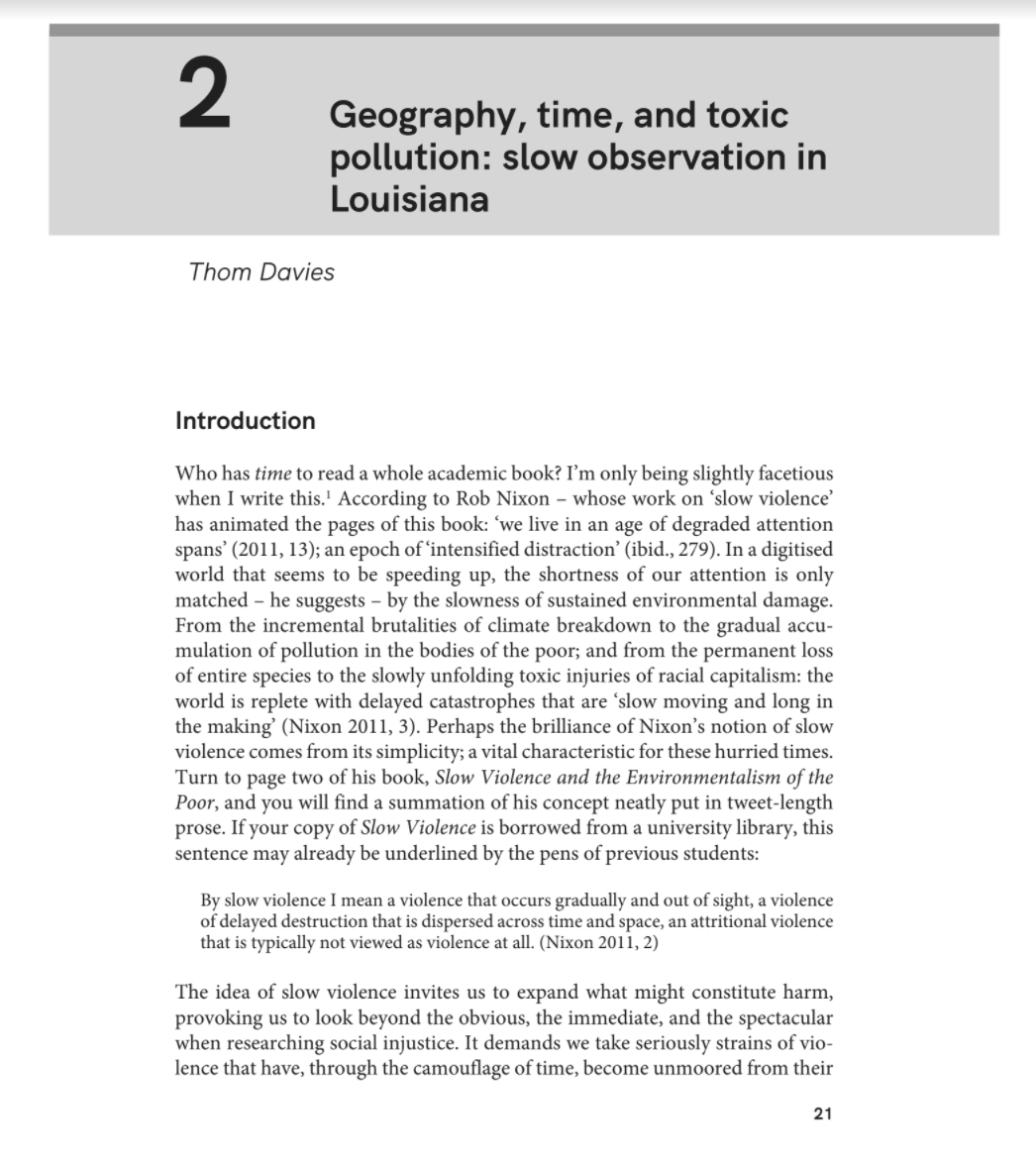 ThomDavies's tweet photo. I've published a chapter about #SlowObservation in a new book called 'Geographies of Slow Violence', edited by Shannon O'Lear:
"Geography, time, and toxic pollution: slow observation in Louisiana"
https://t.co/JANMO2dka3
(DM/email for a copy of the chapter) 📚 #ToxicGeography https://t.co/RWyr1PzSmW