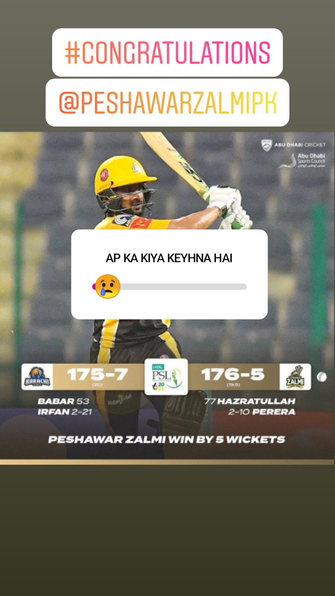 MirzaNewsUpdate's tweet photo. Congratulations 👏 Peshawer Zalmi and best of luck Karachi Kings 🥺
#PSL2021 #UPDATE
@PeshawarZalmi 
@KarachiKingsARY 
@MirzaNewsUpdate https://t.co/Jg4YYJDcpn
