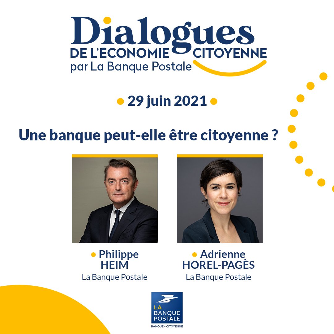 LaBanquePostale's tweet photo. @heim_philippe, président du directoire de #LaBanquePostale, et @AHorelPages, directrice de l'engagement citoyen, vous donnent rendez-vous le 29 juin pour partager leur vision de l'économie citoyenne aux #DialoguesEcoCitoyenne. #BanqueCitoyenne
https://t.co/iPZ3j3zXph https://t.co/4geYZDFDUQ