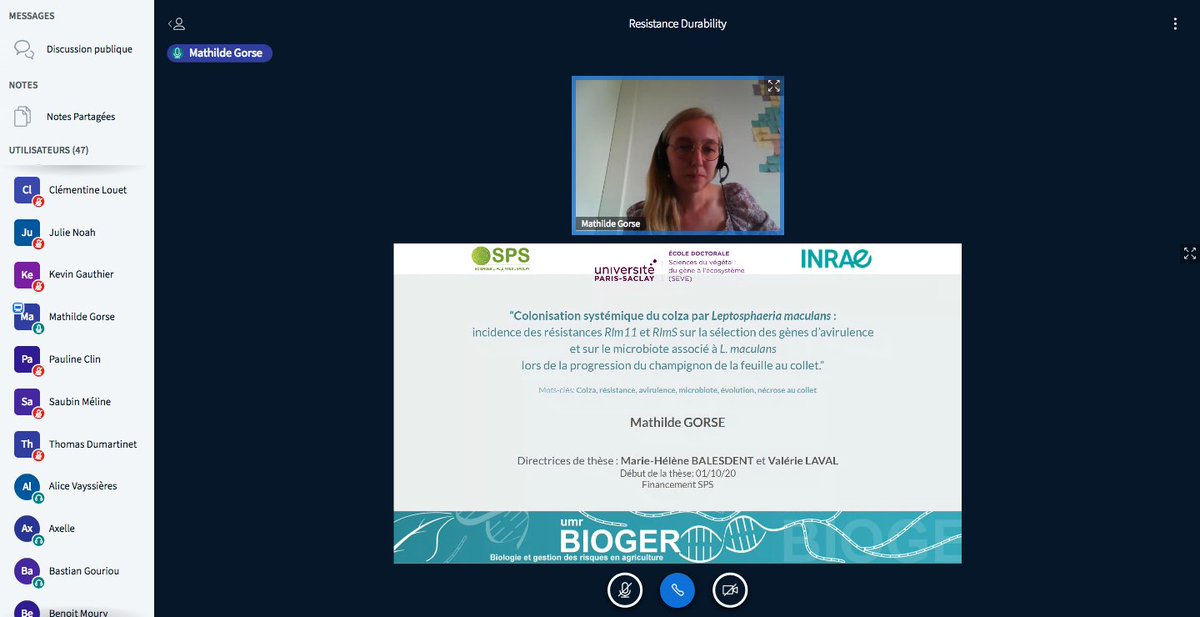 UMR_IAM's tweet photo. #ResistanceDurability webinar: Mathilde Gorse (@INRAE_Bioger) on systemic colonisation of oilseed rape by #Leptosphaeria maculans https://t.co/Qg4pICQYM6