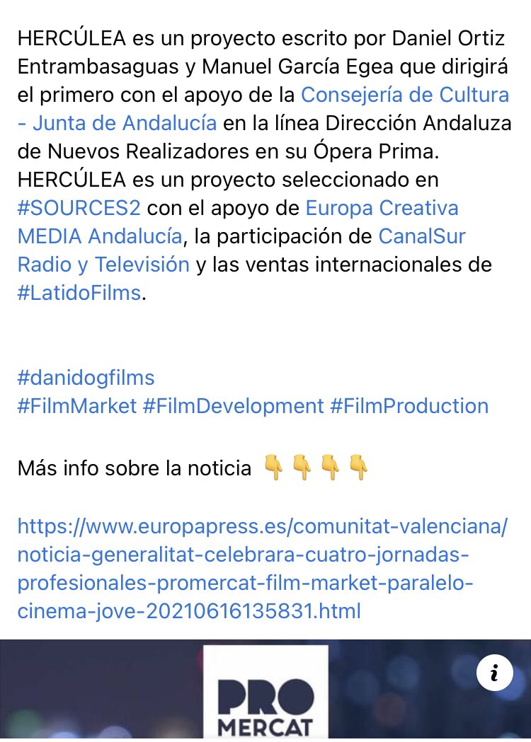 Hoy arranca <a href="/pro_mercat/">Pro Mercat</a> dnd #HERCÚLEA ha sido seleccionada para participar en el
Mercado de #Cine Internacional de #Valencia del 22-25 junio. Muy contentos x la selección! 🎬#PROMERCAT #danidogfilms
#ValenciaFilmMarket #FilmProduction #FilmMarket 

+info👇
europapress.es/comunitat-vale…