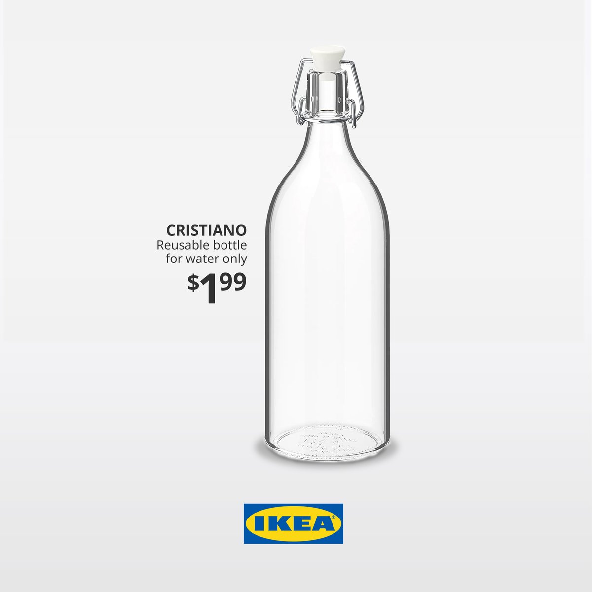 creapills's tweet photo. IKEA lance CRISTIANO : une bouteille en verre pour boire de l'eau (et pas du Coca). Une petite blague pour un joli tacle 😏 https://t.co/pbNEQYW5Sg