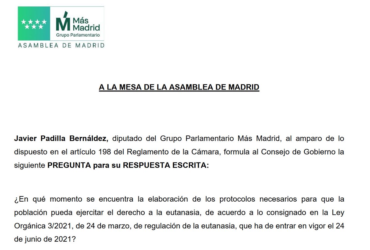 javierpadillab's tweet photo. Esta semana entra en vigor la Ley de Eutanasia.

Es clave el papel de las Comunidades Autónomas en la creación de las comisiones de garantía y evaluación, los procedimientos para la prestación y, en general, para garantizar el derecho efectivo.

Preguntamos sobre ello: https://t.co/5KNgp93rUn