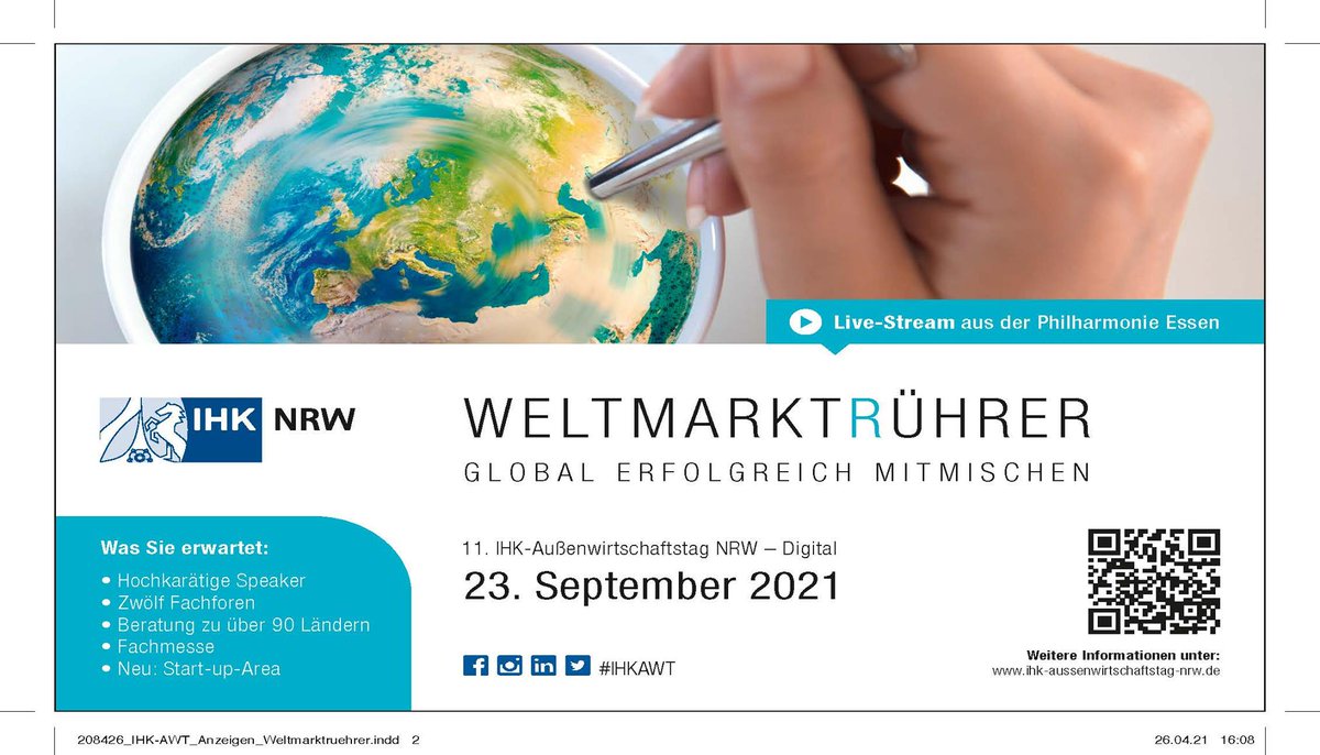 Save-The-Date: 11. IHK-Außenwirtschaftstag NRW am 23. September 2021 – Digital 
.
Neun Fachforen, ein eigenes Angebot für Start-ups, eine virtuelle Fachmesse sowie die AHK-Lounge mit Vertretern von über 60 deutschen Auslandshandelskammern (AHKs) erwarten die Teilnehmer:innen!