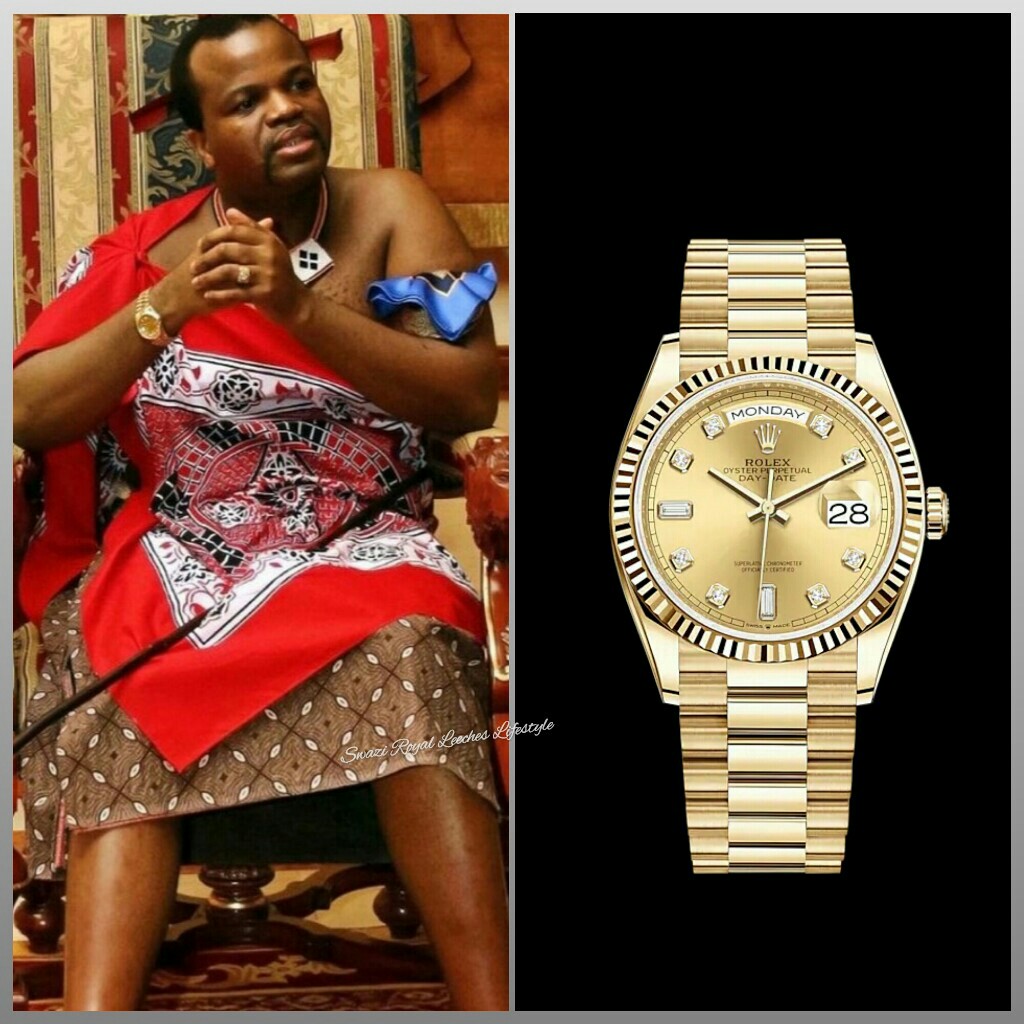 RoyalLeeches's tweet photo. King Mswati wears a Rolex Day-Date in 18K Yellow Gold priced around $40 000 (R570 000).

This man is the head of a govt that insists on paying workers a minimum wage of R1000/month and the elderly a monthly grant of R400. #TiniTwitter #eSwatini #RoyalLeeches https://t.co/Das75LM0nw