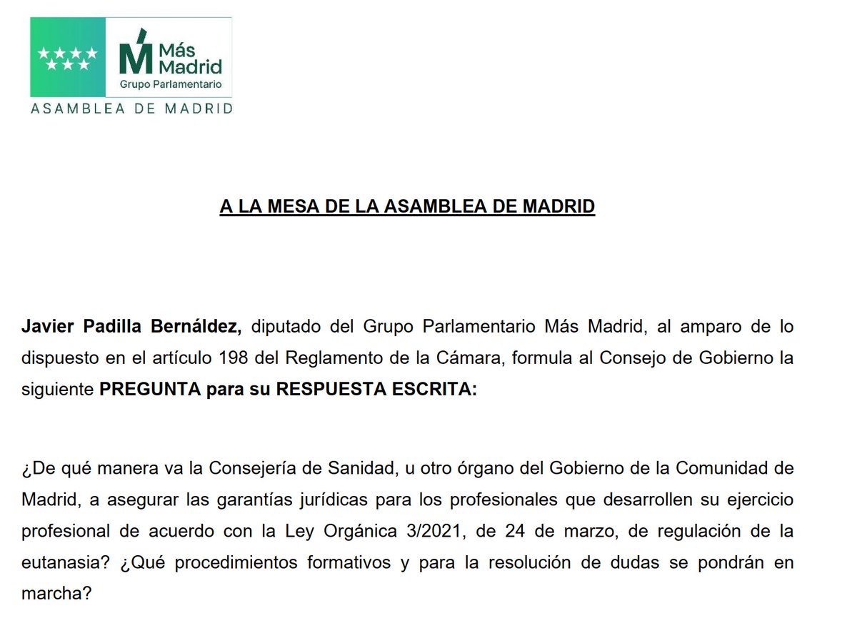javierpadillab's tweet photo. Esta semana entra en vigor la Ley de Eutanasia.

Es clave el papel de las Comunidades Autónomas en la creación de las comisiones de garantía y evaluación, los procedimientos para la prestación y, en general, para garantizar el derecho efectivo.

Preguntamos sobre ello: https://t.co/5KNgp93rUn