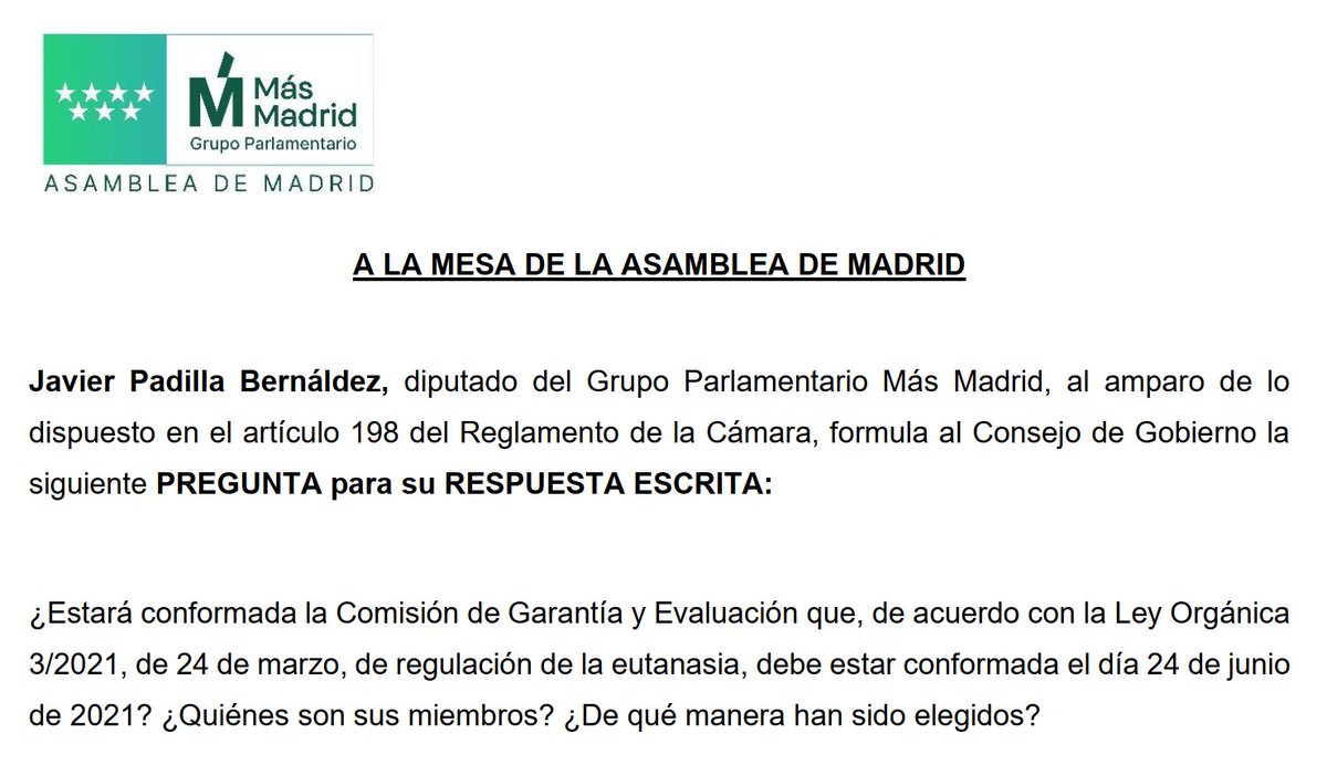 javierpadillab's tweet photo. Esta semana entra en vigor la Ley de Eutanasia.

Es clave el papel de las Comunidades Autónomas en la creación de las comisiones de garantía y evaluación, los procedimientos para la prestación y, en general, para garantizar el derecho efectivo.

Preguntamos sobre ello: https://t.co/5KNgp93rUn