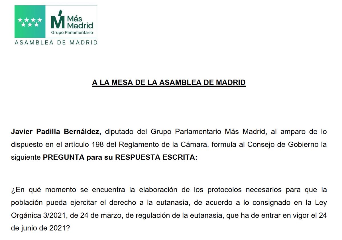 javierpadillab's tweet photo. Esta semana entra en vigor la Ley de Eutanasia.

Es clave el papel de las Comunidades Autónomas en la creación de las comisiones de garantía y evaluación, los procedimientos para la prestación y, en general, para garantizar el derecho efectivo.

Preguntamos sobre ello: https://t.co/5KNgp93rUn