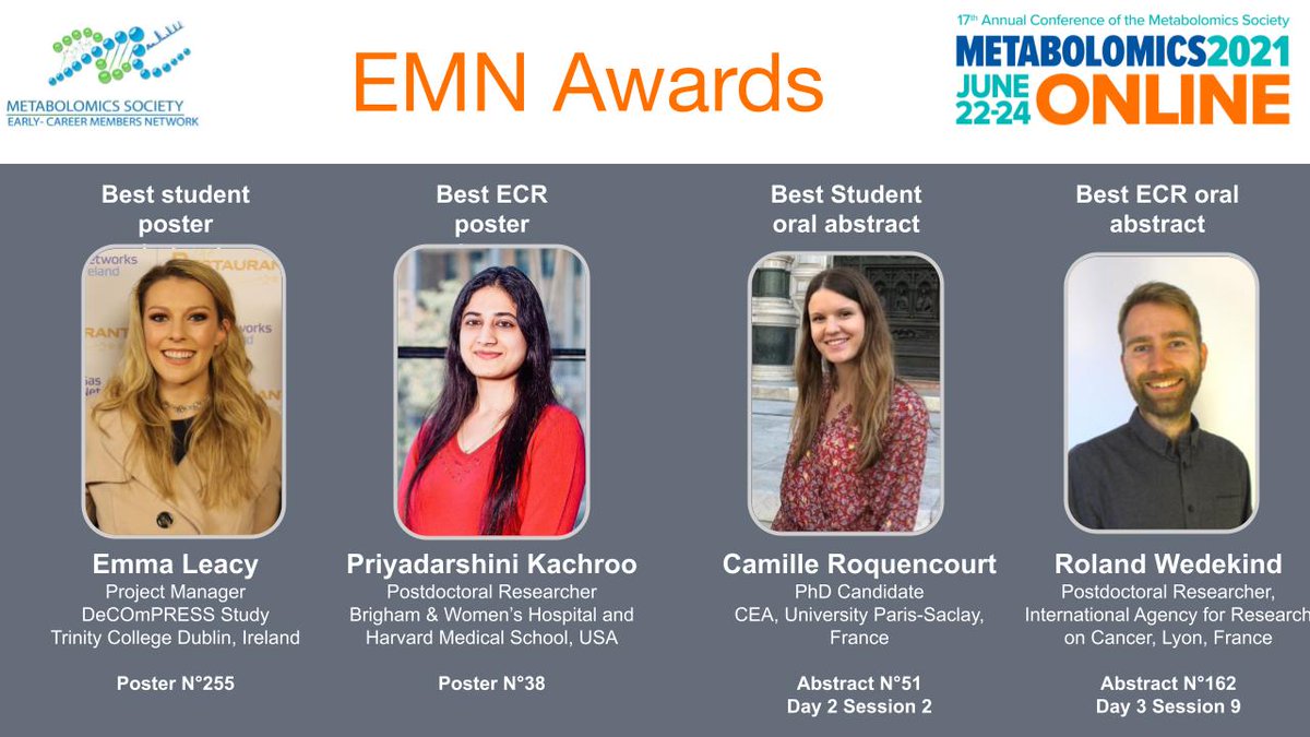EMN_MetSoc's tweet photo. Congratulations on getting the EMN awards 🏆of #MetSoc2021: @_CamilleRc, @RolandWedekind, @pkpdkachroo, and @leacyej! 👏👏👏 Stay tuned to know them more! https://t.co/5EYxm0lD7x