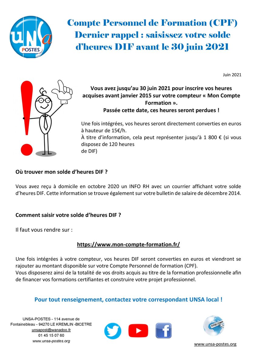unsapostes's tweet photo. TRACT UNSA - CPF - Compte Personnel de Formation (CPF) Dernier rappel : saisissez votre solde d’heures DIF avant le 30 juin 2021
https://t.co/aXWCVy9M6f https://t.co/hd3yZ9bQ26