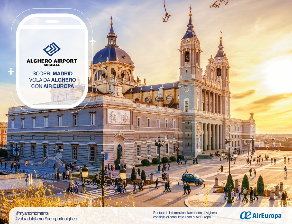 AAlghero's tweet photo. Lo sapevi che puoi raggiungere la caliente #Madrid a partire dal 8 Luglio direttamente da #Alghero grazie a @AirEuropa ? Vola sul sito della compagnia https://t.co/rYWZ5NXieJ o presso la tua agenzia di viaggia per scoprire che la felicità costa solo euro 36,98 😍  #voladaalghero https://t.co/VTek7qrQAz