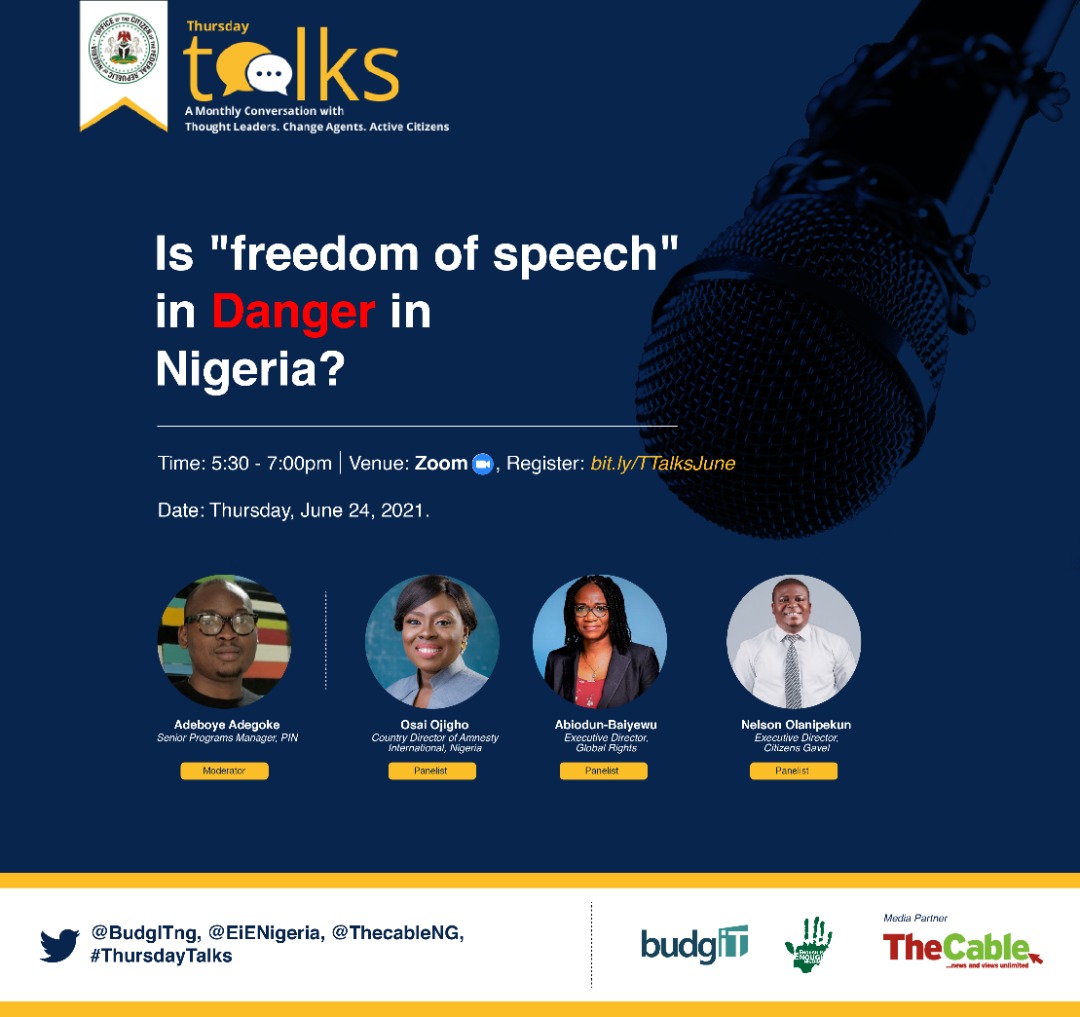EiENigeria's tweet photo. This Thursday is #ThursdayTalks & we will be LIVE on Zoom at 5:30pm.
Abiodun Baiyewu of @Globalrightsng, Osai Ojigho of @AmnestyNigeria, & Nelson Olanipekun of @citizen_gavel will be leading this conversation. Moderator: @ParadigmHQ's Adeboye Adegoke
https://t.co/EJNyn8s3Y2 https://t.co/orqTMM5X0Y