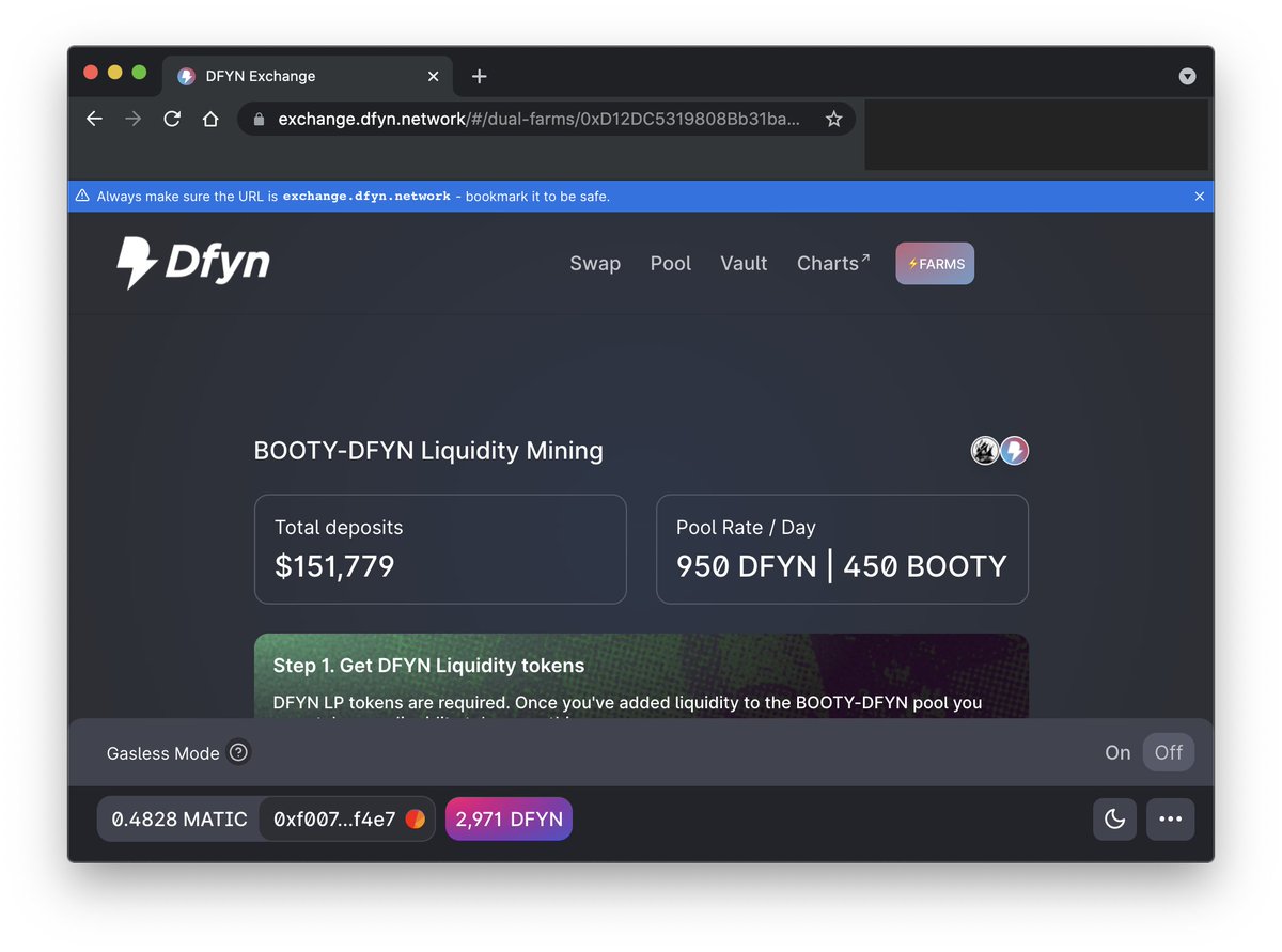 🏴‍☠️ <a href="/_DFyn/">dfyn ( now operating as @BlinqFi)</a> are running dual rewards for $BOOTY and $DFYN ✅ APR: 500+%

exchange.dfyn.network/#/dual-farms/0…

#polygon #matic #defi #ethereum #PolygonMatic