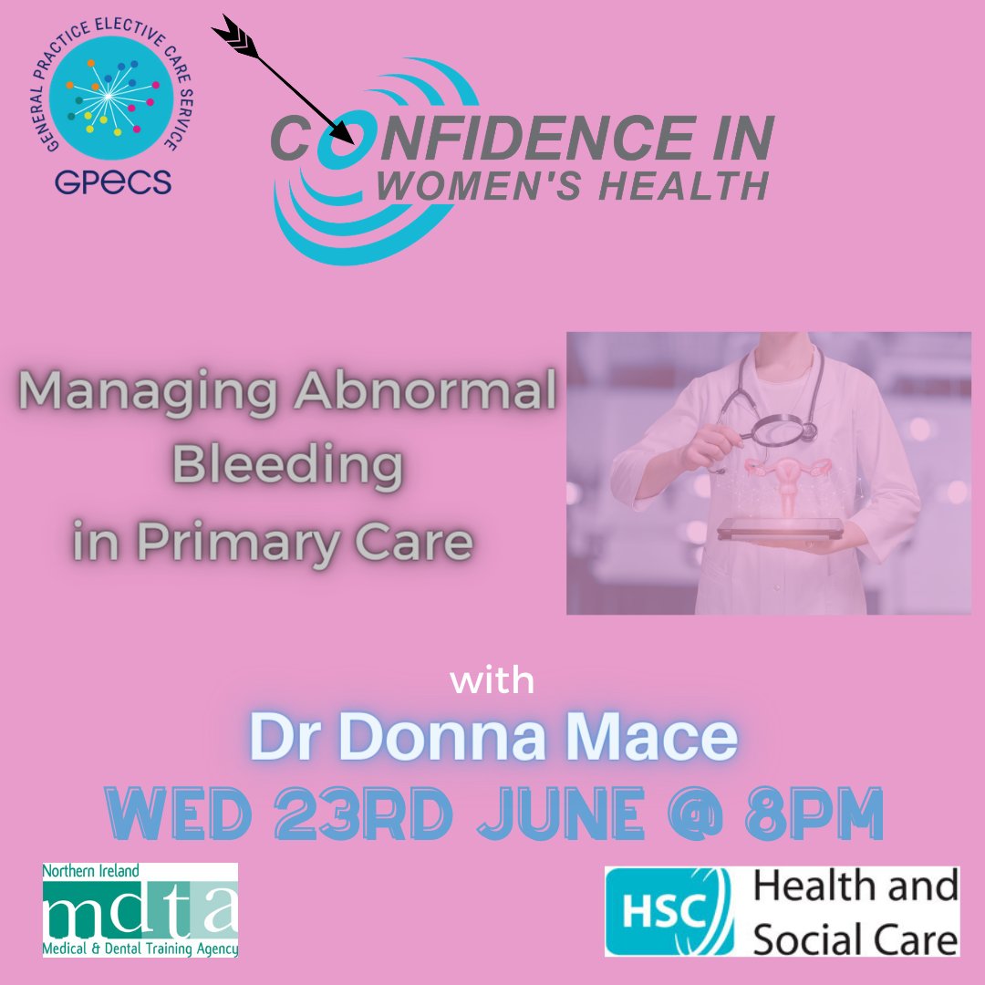 Join our webinar tomorrow 23rd June @ 8pm with Dr Donna Mace who will provide an overview of the most up to date guidance for GPs in the management of the common presentation of PV bleeding throughout a women's life cycle. Register here: zoom.us/webinar/regist…