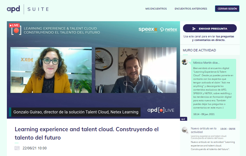 NetexLearning's tweet photo. "El #talento es el despliegue del potencial del ser humano en su propio beneficio y en el del colectivo"

¡Está pasando! Comienza #APDLive "Learning Experience &amp; #talentCloud: construyendo el talento del futuro".

#welovelearning #welovetalent
@speexx_Spain @APDasociacion https://t.co/yjHqKIA7TA