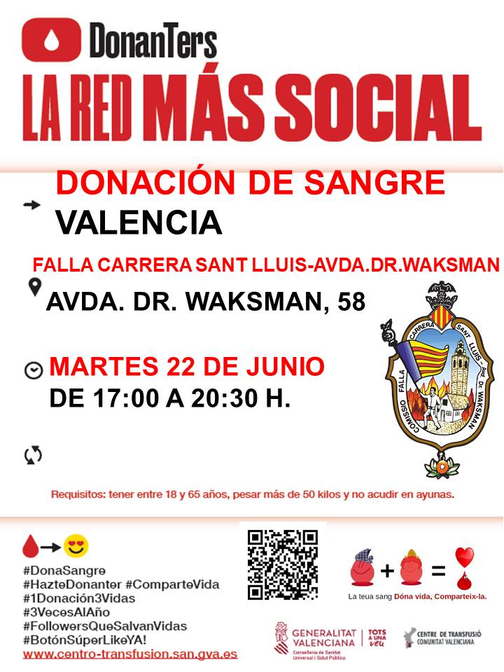 GVAdonasang's tweet photo. Donació de sang 👇
#Falla Carrera Sant Lluis-Dr.Waksman
📆Dimarts #22Juny
🕐17:00-20:30
Si tens entre 18 i 65 anys i peses més de 50 kg, agafa el teu DNI i uneix-te a #Donanters.
“Dona sang perquè el món continue bategant”❤️
#FallesSolidàries https://t.co/t0RNdaAJKQ