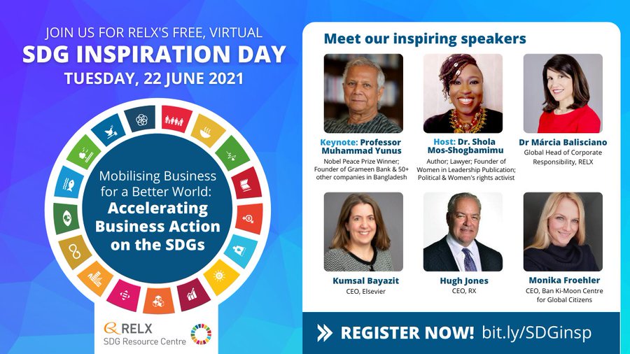 The @RELXHQ #SDG Inspiration Day is about to start! This free event is an opportunity to engage with #innovators & thought leaders for business action on the #GlobalGoals. Join us here: bit.ly/SDGinsp 🗓 Tuesday June 22, 9:30am - 4:30pm BST