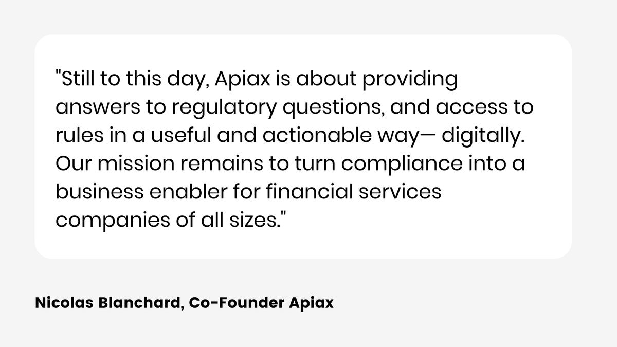 tenity_global's tweet photo. 🎓🚀 In the past year, F10 alumni @ApiaxCOM doubled their workforce, successfully raised a funding round and expanded into new markets. We talked to Nicolas Blanchard, co-founder, about their story.
https://t.co/vXeIQch4PD

#fintech #regtech #f10alumni  #compliance #regulation https://t.co/Xlc6PgHD9B