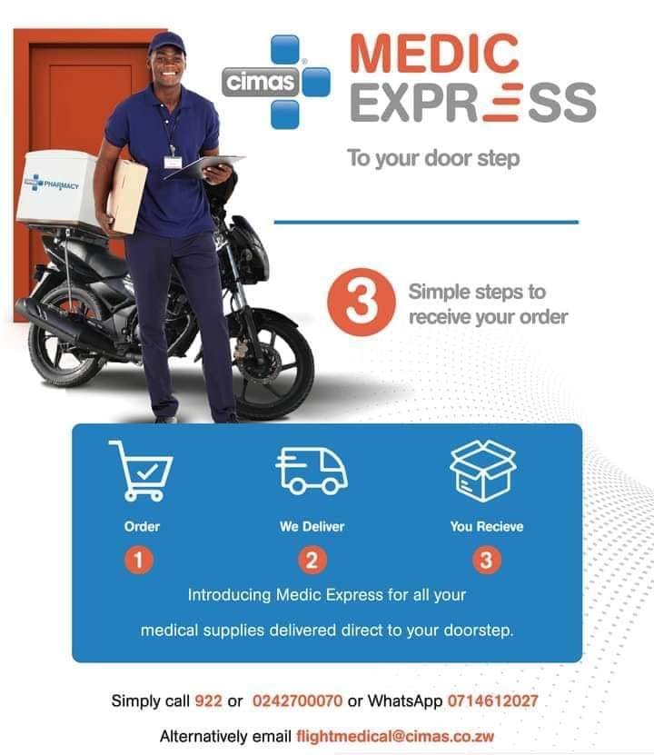CimasHealth's tweet photo. Stay IN and keep Covid19 OUT with #Cimas Medic Express convenience!
Have all your medicines delivered to your doorstep so you stay safe at home always. Call 922 or 0242700070; WhatsApp: 0714612027. Email: flightmedical@cimas.co.zw
#MedicExpress #MoreWithUs https://t.co/KNyhx6yqDY