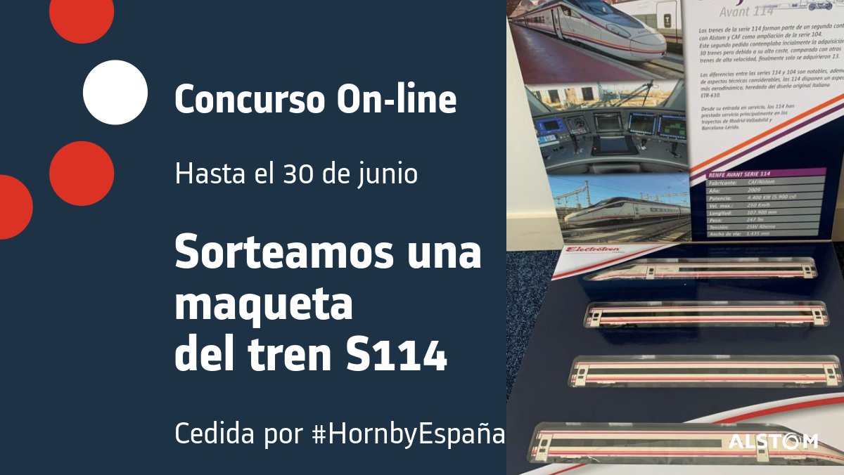 Alstom_es's tweet photo. 📢La S114 cumple 10 años y lo celebramos sorteando una maqueta, cedida por #HornbyEspaña 

Para participar:
✅Contesta correctamente estas preguntas https://t.co/txJdspOtmA
⁉️Si tienes dudas, síguenos: te daremos pistas en @Alstom_es 
🗓️Hasta el 30 de junio 

#ConcursoMaquetaS114 https://t.co/YlAg7q67WT