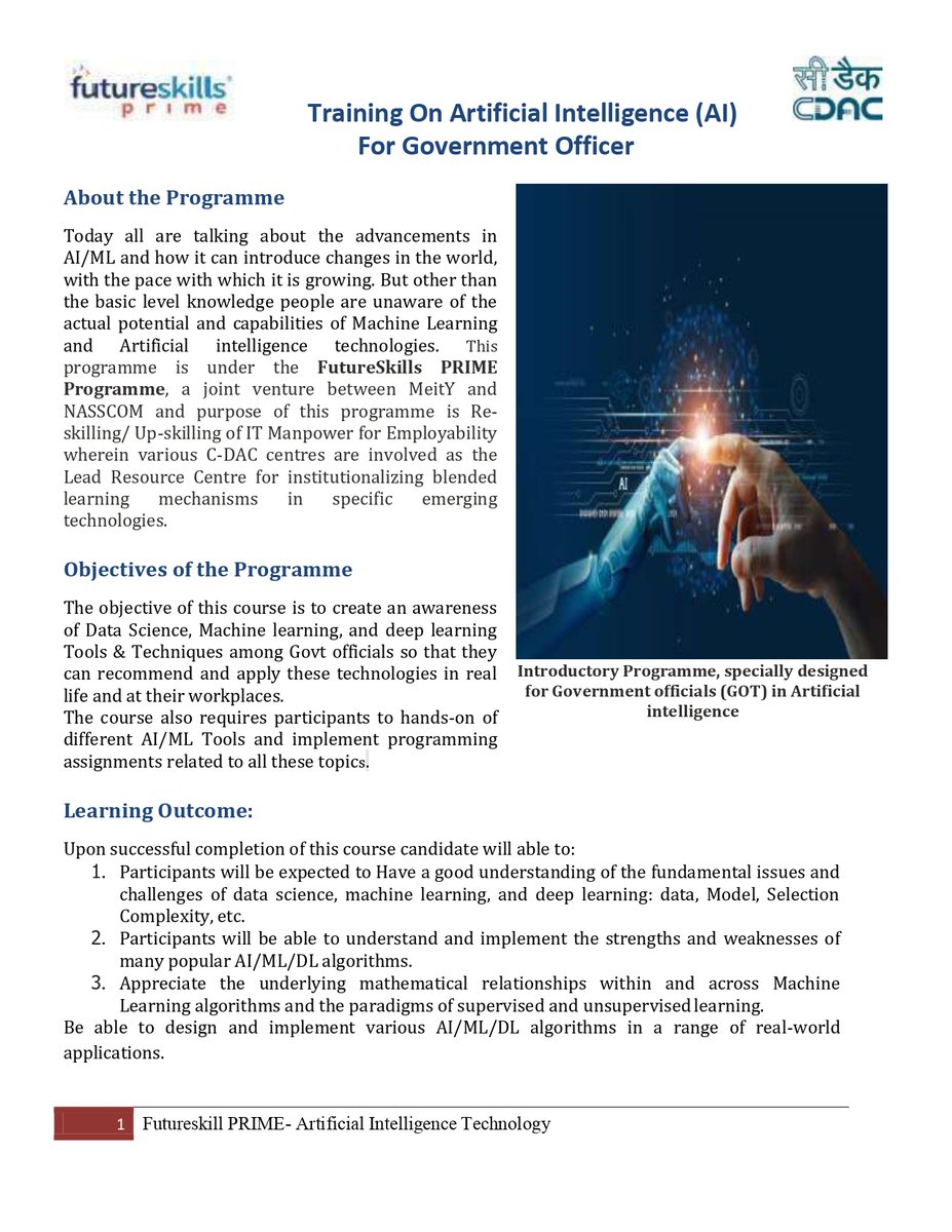 3dpam_fsp's tweet photo. #CDAC Pune, invites you to join #training program in #ArtificialIntelligence #AI starting on 27th July, 2021 #sponsored for Govt. officials in Central &amp; State dept. under @fsprimeofficial by GoI.

Interested candidates, please read out the brochure and send your nomination forms. https://t.co/gB1mz7FFsG