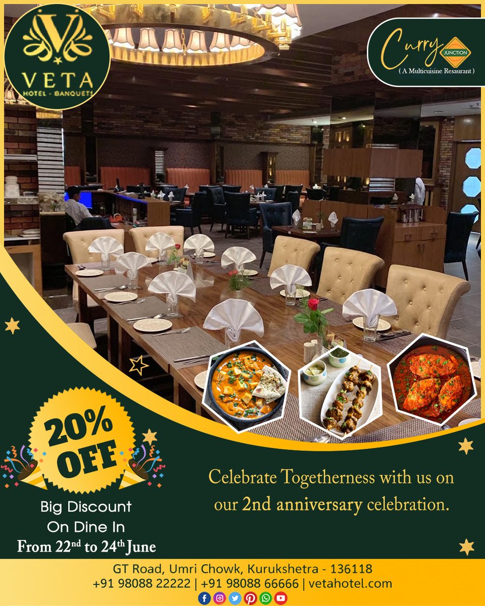 VetaHotel's tweet photo. Celebrate Togetherness with us on our 2nd anniversary celebration.

20% off on Dine in and many more..
Grab the offers now !!

#Anniversary #HotelCelebrations #VETA #Hotel #Banquets #Kurukshetra https://t.co/wXMEVC42HU