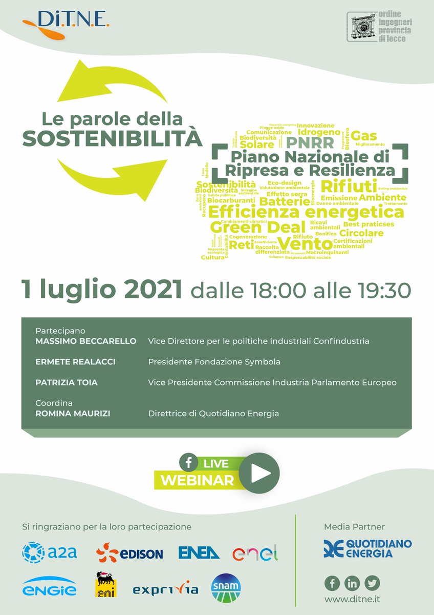 DiTNE_Energia's tweet photo. LE #PAROLE DELLA #SOSTENIBILITÀ: ciclo di seminari #online a cura del #DiTNE e @IngegneriLecce
📅 𝗚𝗶𝗼𝘃𝗲𝗱𝗶̀ 𝟭 𝗹𝘂𝗴𝗹𝗶𝗼, 𝗼𝗿𝗲 𝟭𝟴 si parla di #PNRR - 𝗣𝗶𝗮𝗻𝗼 𝗡𝗮𝘇𝗶𝗼𝗻𝗮𝗹𝗲 𝗱𝗶 𝗥𝗶𝗽𝗿𝗲𝘀𝗮 𝗲 𝗥𝗲𝘀𝗶𝗹𝗶𝗲𝗻𝘇𝗮
#Livestream▶️https://t.co/3ej5exU4LC https://t.co/kBYLJy3E3J
