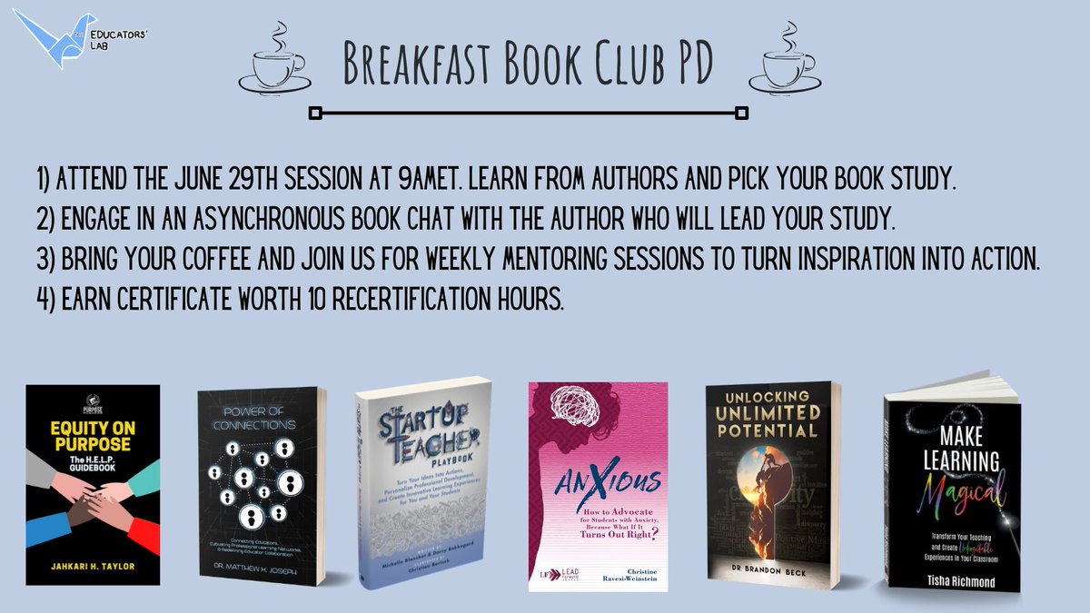 It's one week away! Pick your fav title and learn with the authors. Bring your coffee Tues. mornings for our virtual PLN where we turn inspiration into action.

Register 👉 startupteacherworkshops.com