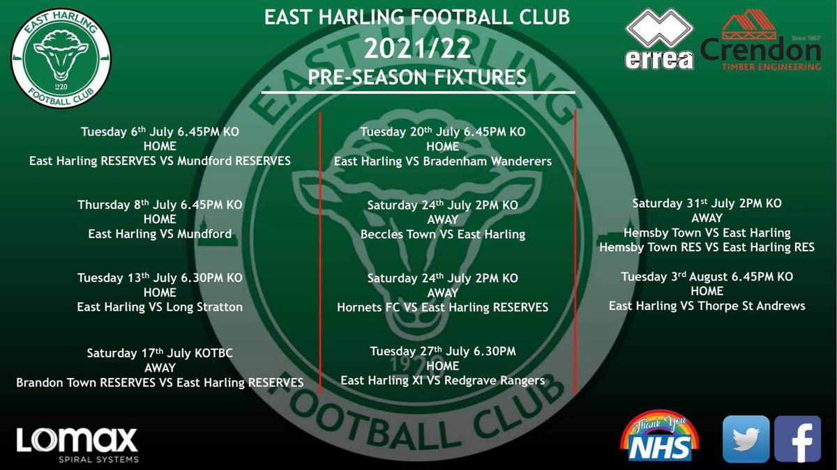 East Harling Fc 1920 On Twitter Pre Season Schedule 2021 2022 Season Nhs Football Schedule 2022