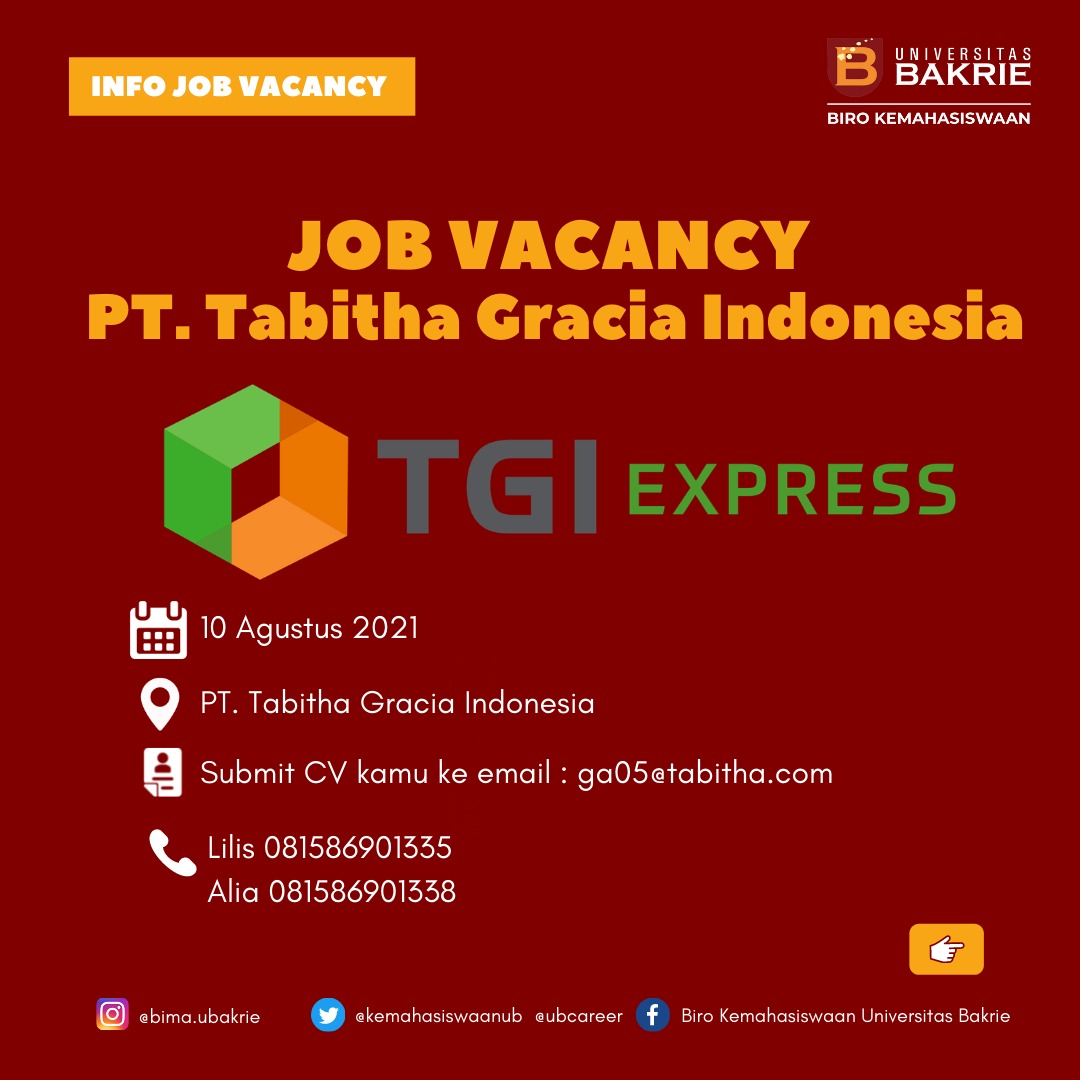 [JOB VACANCY]

Hai KM U-Bakrie!
PT. Tabitha Gracia Indonesia membuka 11 bidang lowonngan pekerjaan loh!

Untuk informasi lebih lanjut bisa click link dibawah ini ya: bit.ly/TabithaGraciaI…