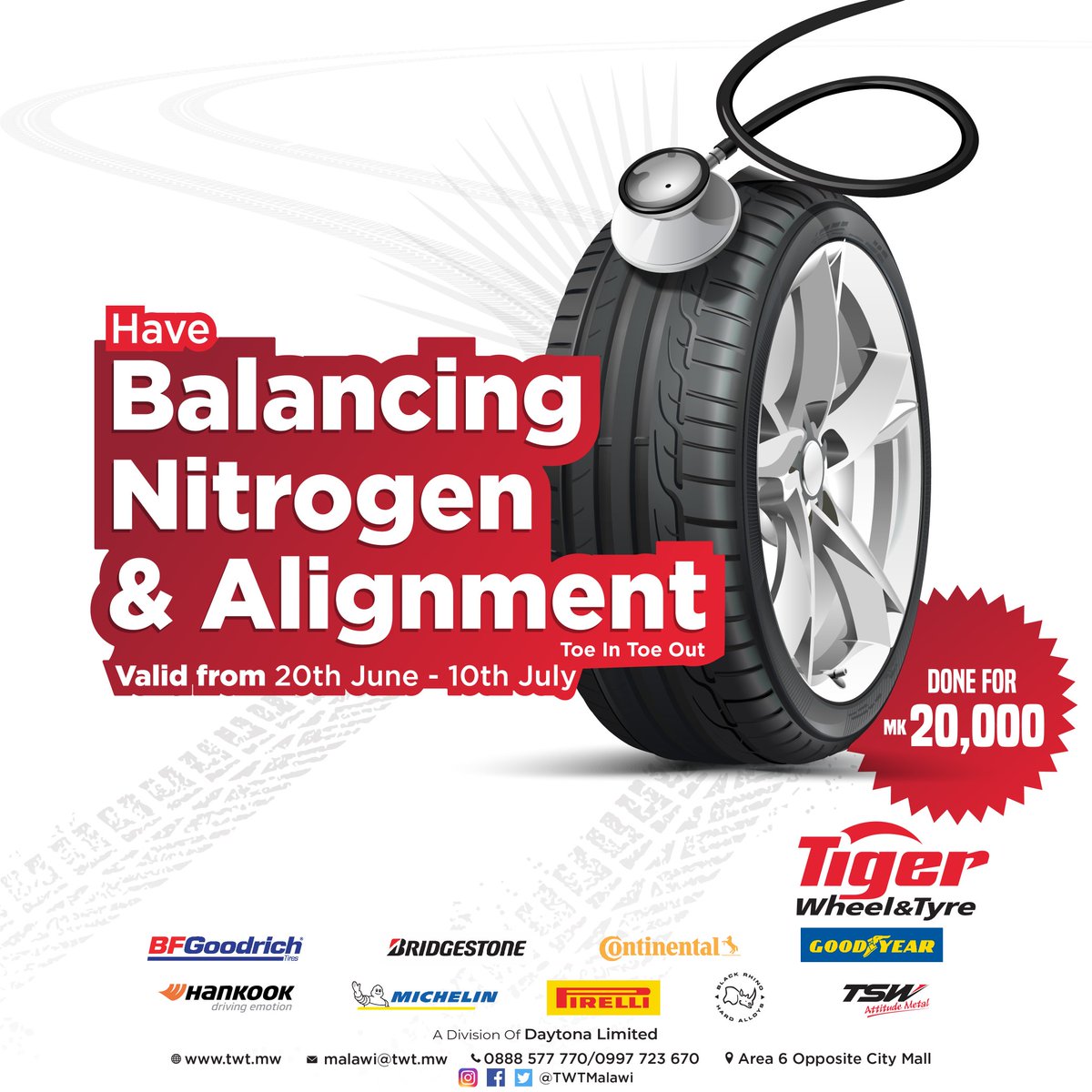 TWTMalawi's tweet photo. Visit our store for our latest promotion; to have your car balancing, nitrogen and wheel alignment done for as low Mwk 20,000. 

This promotion is valid from from 20th – 10th July due to public demand. https://t.co/uzB57ucI9y