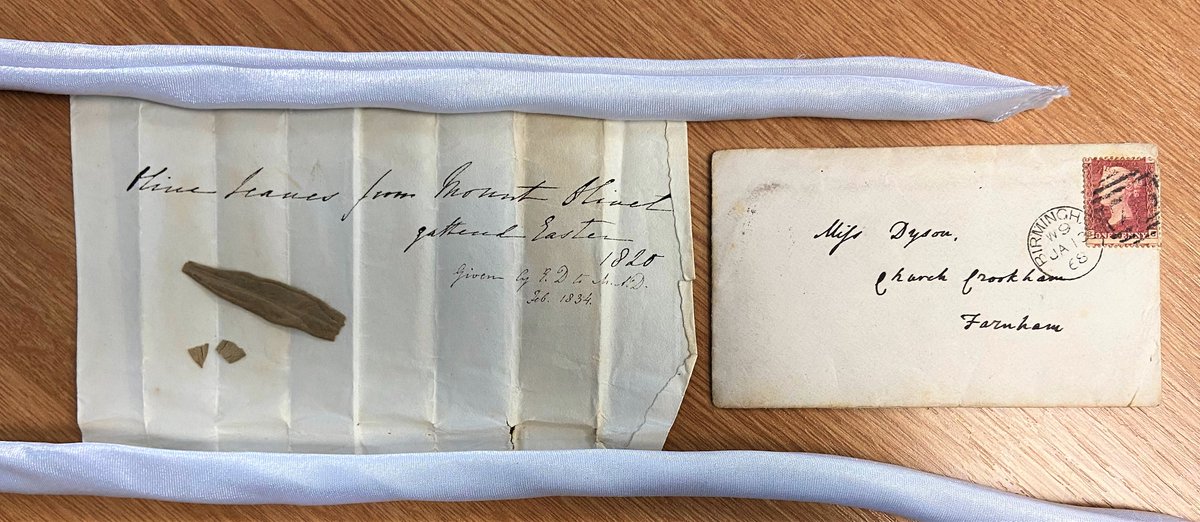 Cataloguing a series of letters today and came across this note (dated 1820) from Revd Charles Dyson containing a vine leaf from Mount Olivet. Amazed how intact the vine leaf still is! #StSwithunsArchive #olives #trees #vineleaves