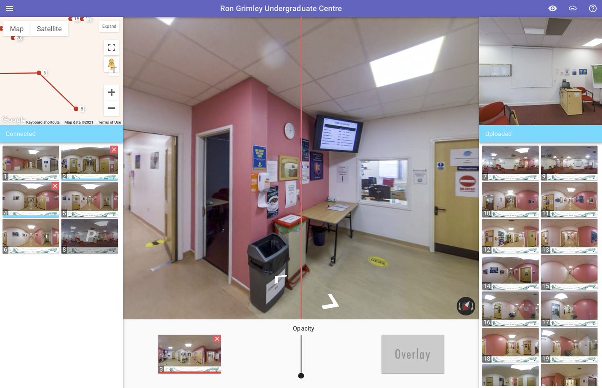 RGUCMedia's tweet photo. We're currently getting to grips with the workflow involved in producing 360 degree virtual tours for Google Streetview using the #GoThru virtual tour software. These images provide a walkthrough tour of @RGUC and @RGUC_Simulation. All images shot using a @insta360 OneX. https://t.co/al1QO1QxM6
