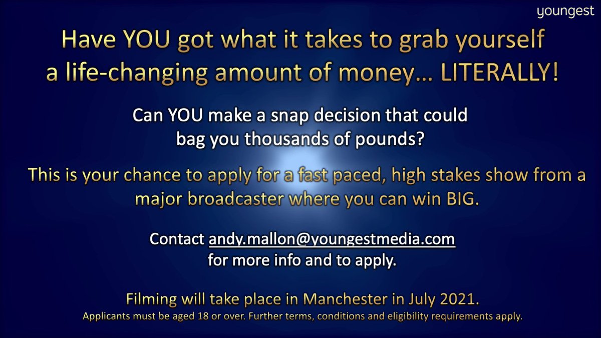 I'm looking for fun and outgoing contestants of all ages (18+) and backgrounds from across the UK for a new big money quiz show. Apply now at youngest.submit.com/show/34 and please share!