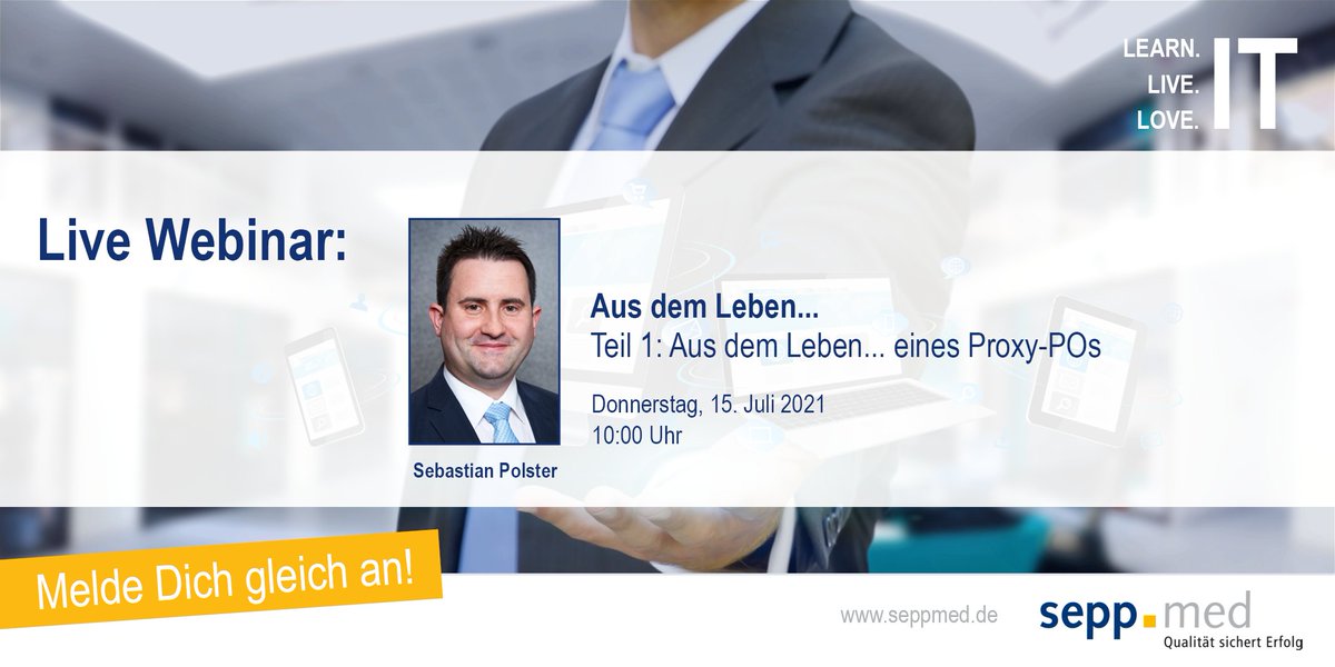seppmedgmbh's tweet photo. 📌Gleich vormerken! Live Webinar am 15.07.2021 um ⏰ 10 Uhr! Unser Proxy-Po, Sebastian Polster, nimmt Sie mit durch seinen agilen Arbeitsalltag bei seppmed. Gleich anmelden unter: https://t.co/be0ws9BuAe
#agil #agilesoftwarefabrik #proxyPO #webinar #livewebinar https://t.co/6CnBzqg8gc