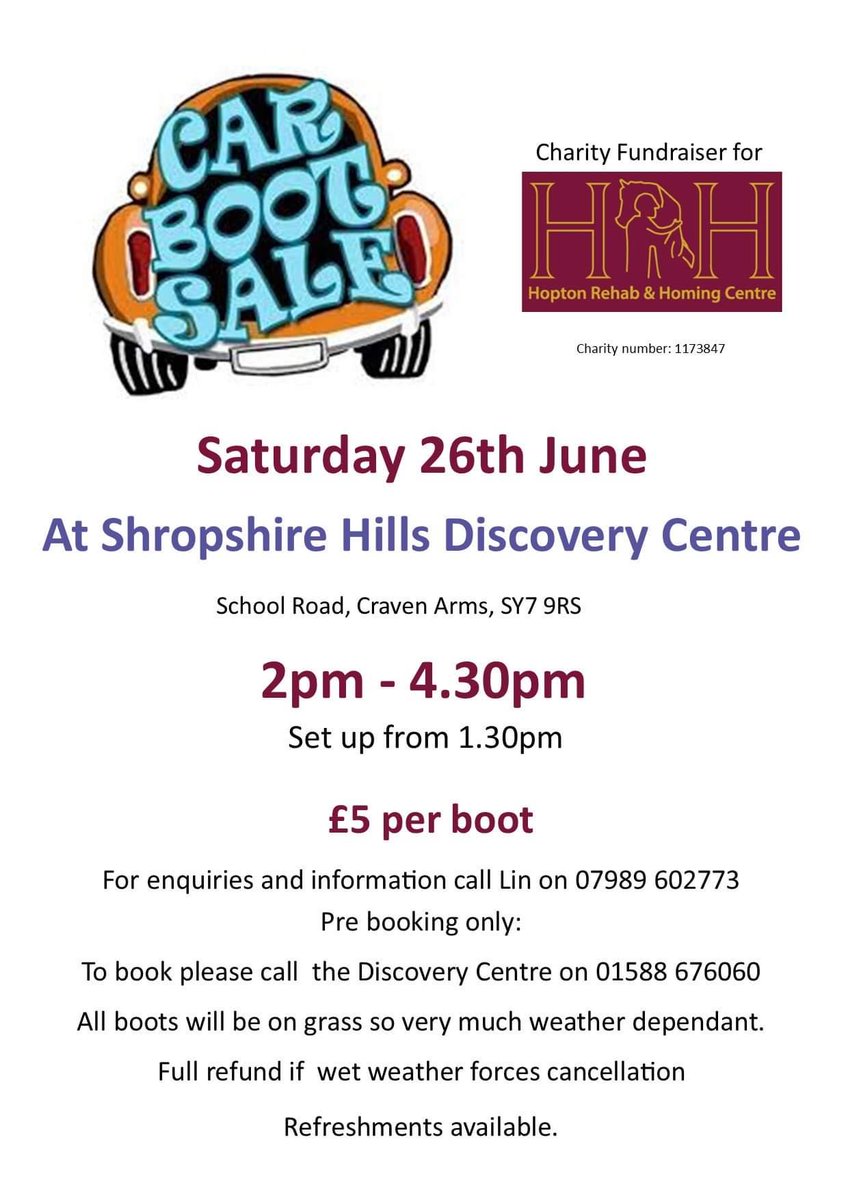 HRHHoming's tweet photo. HRH Car Boot SaleOn Saturday 26th June 2021 we are having an HRH Car Boot Sale to help in our fundraising efforts. It will be from 2pm until 4:30pm that day.
 #bootsaleforhorses #carbootsale #discoverycentrebootsale #HRHbootsale

https://t.co/KIeg2zrGXp https://t.co/gKJaSoyYy7