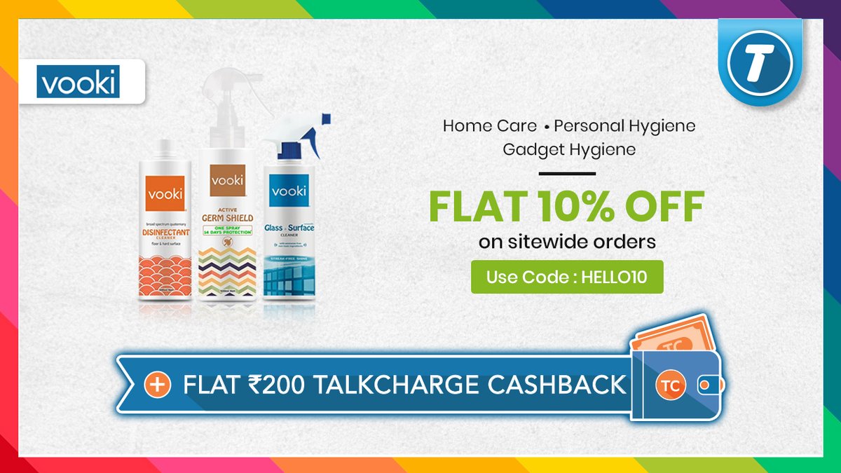 TalkCharge's tweet photo. We present you a store Vooki which provides you the best cleaning solutions👌 to keep your surroundings clean✨&amp; sanitised✅

Get Flat 10% OFF🤩 &amp; save extra Flat Rs 200 as TalkCharge Cashback💸 only if you shop via #TalkCharge!

#extracashbackapp #COVID19 https://t.co/rAaB46RuZm