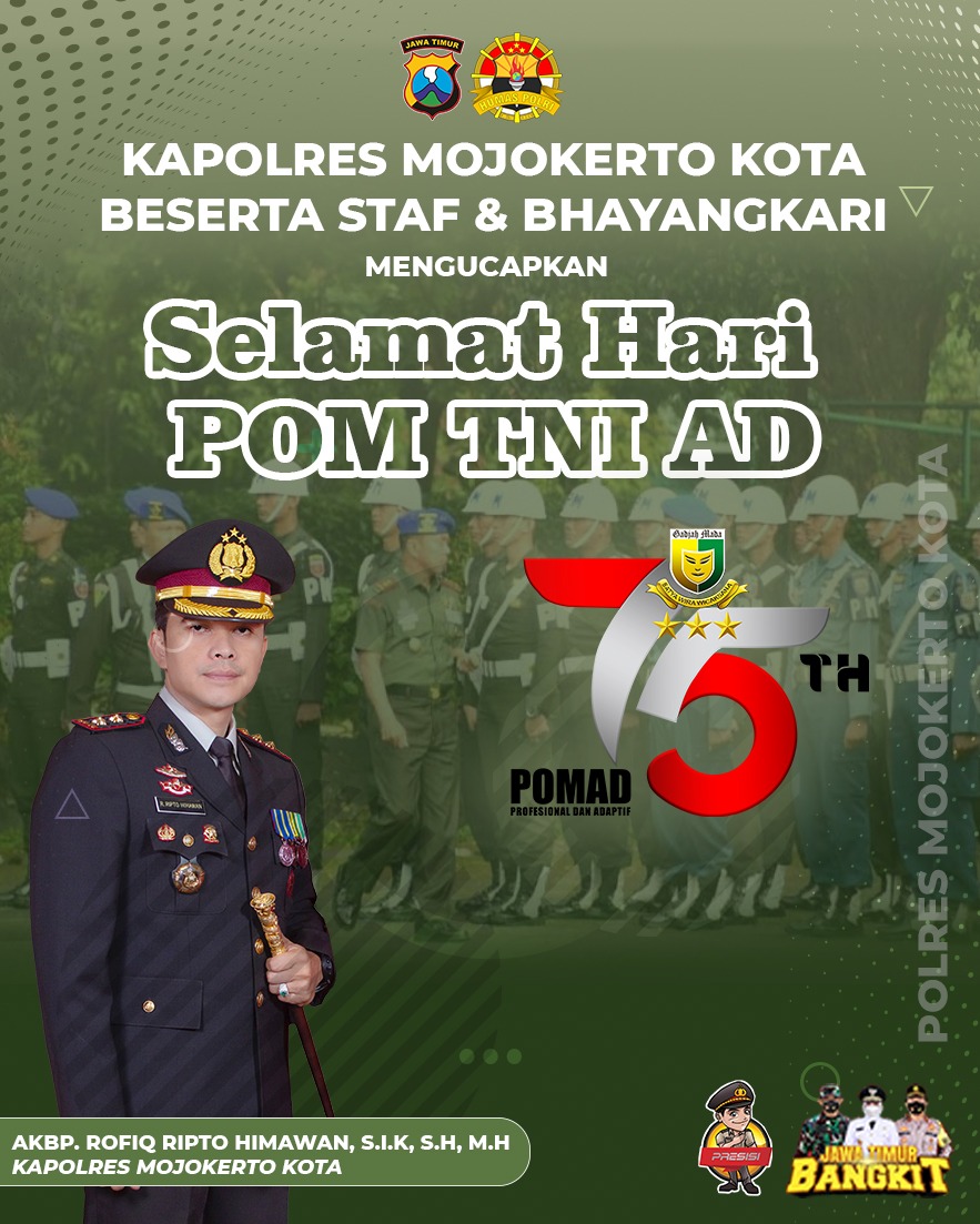 binamitramoka's tweet photo. Kapolres Mojokerto Kota Beserta Staf Dan Bhayangkari Mengucapkan

Selamat Hari POM TNI AD
ke 75 Tahun

#PolresMojokertoKota
#humaspolresmojokertokota
#divhumaspolri
#polripresisi https://t.co/LBCPrL6t3T