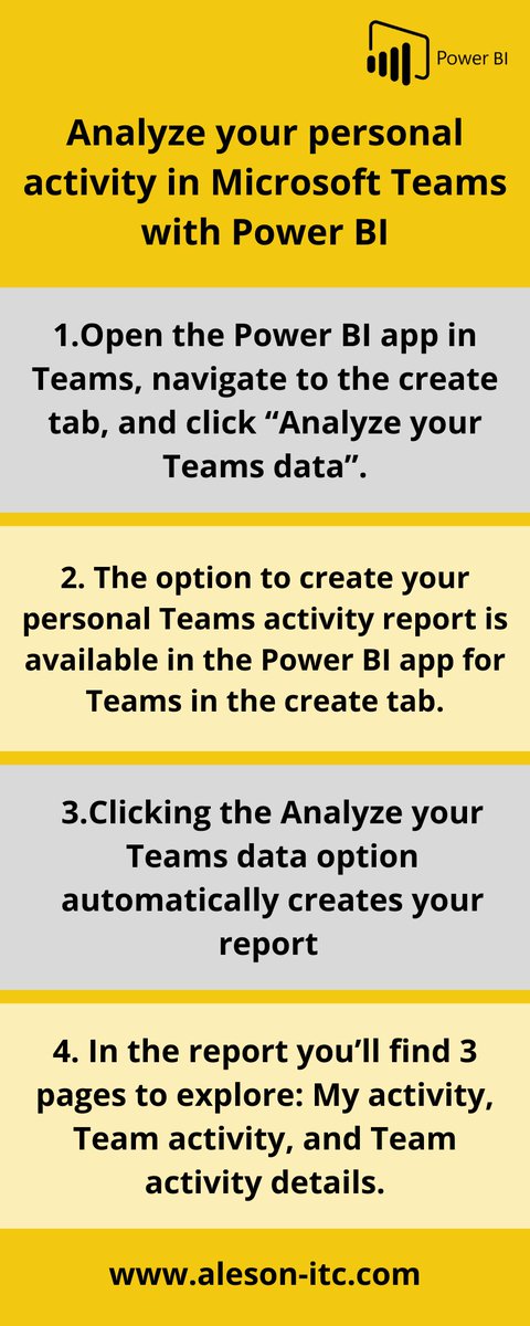 alesonitc's tweet photo. Power BI and Microsoft Teams are enabling you to view and analyze your personal Microsoft Teams activity in 1-click with a new Power BI ‘Teams activity analytics’ report – now in preview. 
#microsoftteams #powerbi #updates #analytics #alesonitc https://t.co/akKILZ3gxc