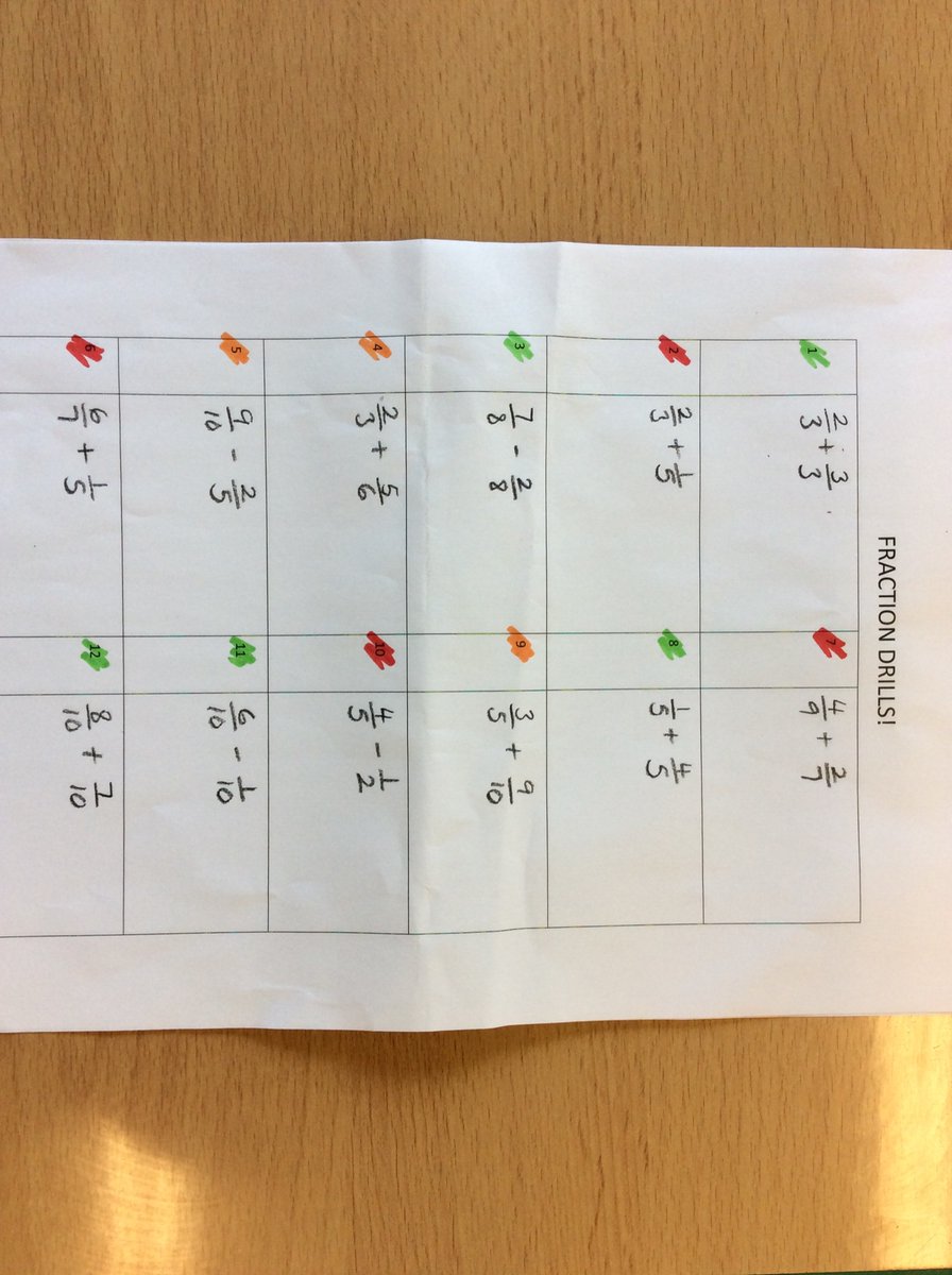 BbBSchool's tweet photo. Fraction addition and subtraction drills rated into easy (green), harder (amber) and hardest (red). We were all able to explain WHY we rated them like this too! Fabulous skills everyone! https://t.co/CClDt0FBW4