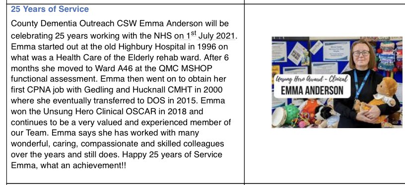 The 1st of July see us celebrate with our very own Emma Anderson on her 25 years service with the NHS! Here’s to many more years to come! 🍾🥂🥳<a href="/MHSOPNottsHC/">MHSOPNottsHC</a> <a href="/EmmaTownsend01/">Emma Townsend</a> <a href="/NottsHealthcare/">Nottinghamshire Healthcare</a>